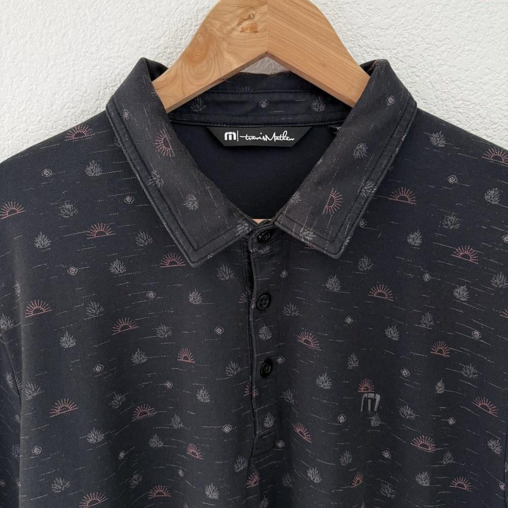 Travis Mathew Men Sun Desert Print Polo Shirt XXL Black Stretch Golf Performance
